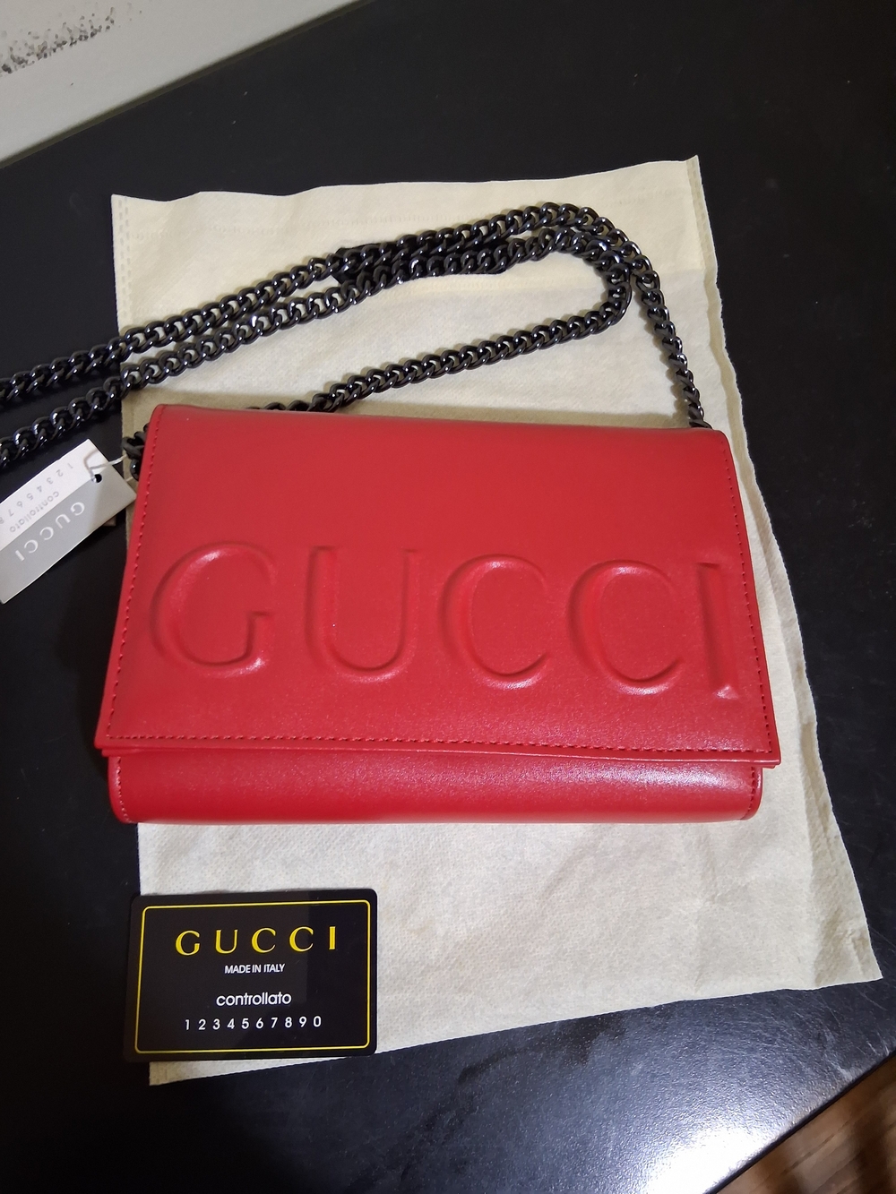 Red Embossed Leather Shoulder Bag with Chain Strap